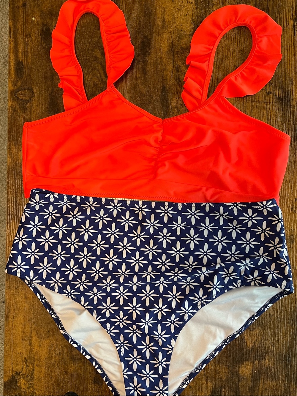 Cupshe Two Piece High Waisted Orange and Blue & white patterned Swimsuit | XXL